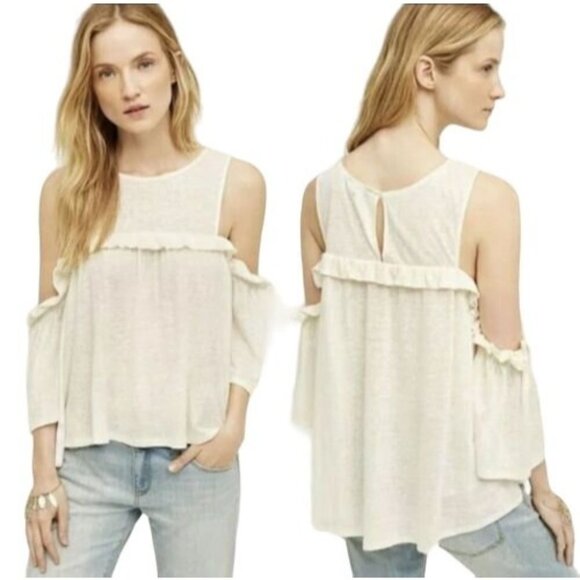 Meadow Rue Womens XL Linen Ruffle Cold Shoulder Shirt Off White - Picture 1 of 9